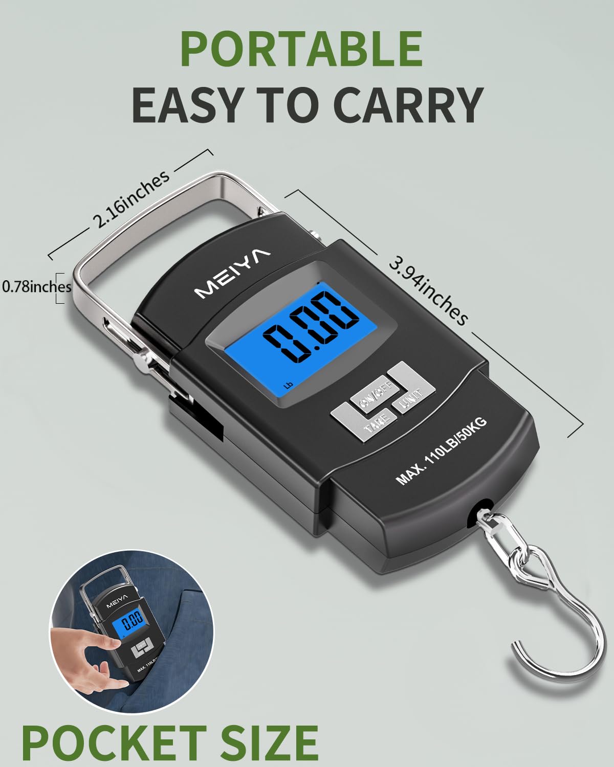 MEIYA Fish Scale 110lb/50kg Digital Fishing Scale with Backlit LCD, Portable Handle, Stainless Steel Hook & 2 AAA Batteries – Reliable Fishing Gear & Great Fishing Gifts for Men