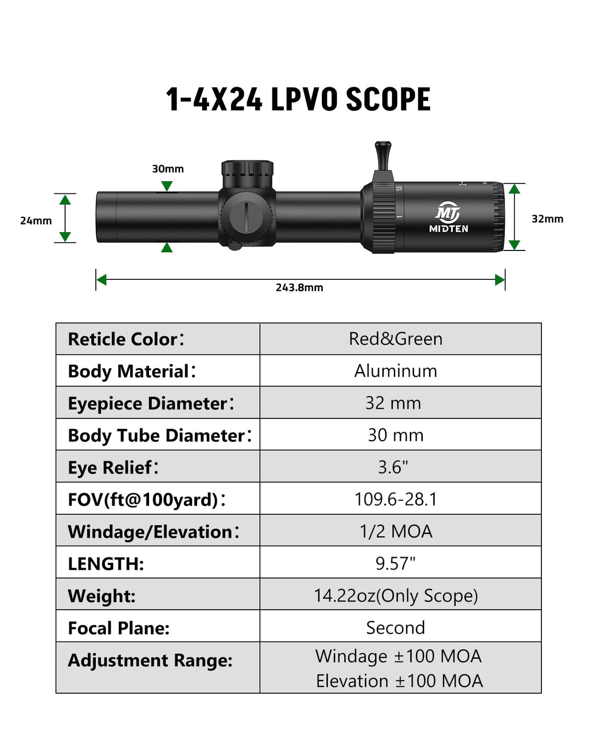 MidTen 1-4x24 LPVO Rifle Scope with 30mm Cantilever Mount, Wide View Scope with Etched Glass, Illuminated Reticle Scope with Zero Reset for Hunting