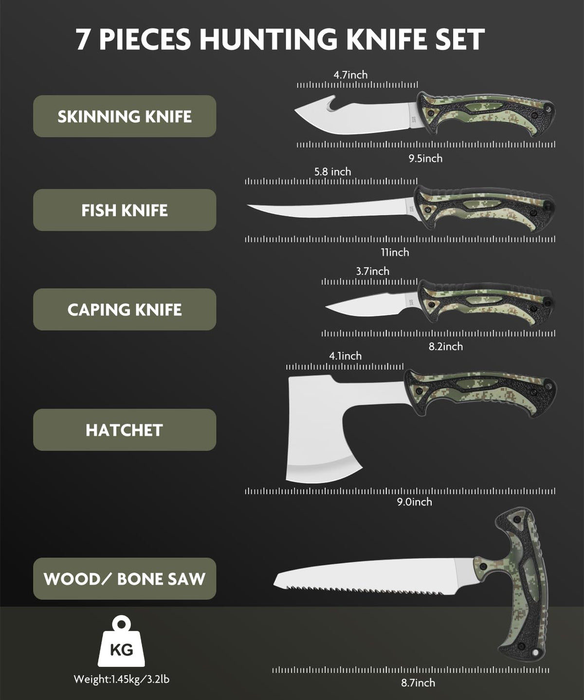 Jellas Hunting Knife Set - Professional Game Processing Kit with Axe, Bone Saw, Skinning & Fillet Knives, Rib Spreader, Sharpener, Portable Field Dressing Kit & Camping Gear in Carry Case