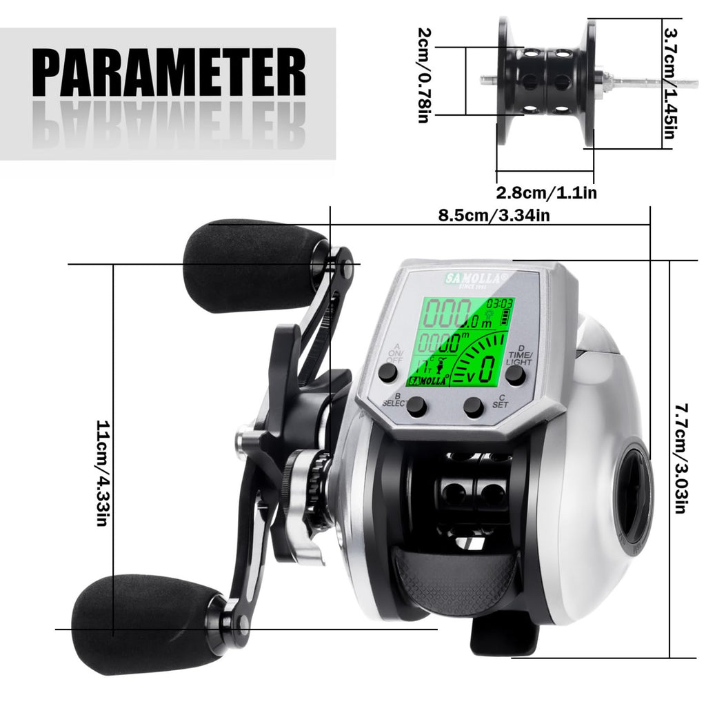 SAMOLLA Baitcasting Fishing Reel 8 oz Ultralight Smart Digital Baitcaster Reels with 22 Lb Max Drag 7.2:1 High-Speed Gear Ratio Left Handed Freshwater Saltwater Compact Design Silver TX900