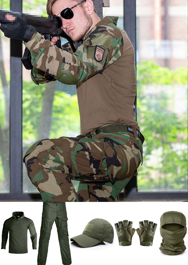 SANYETS Airsoft Suit,Combat Pants and Shirt,Cap Gloves Balaclava Set,WL Woodland Camo Uniform Men's Tactical Gear, XL