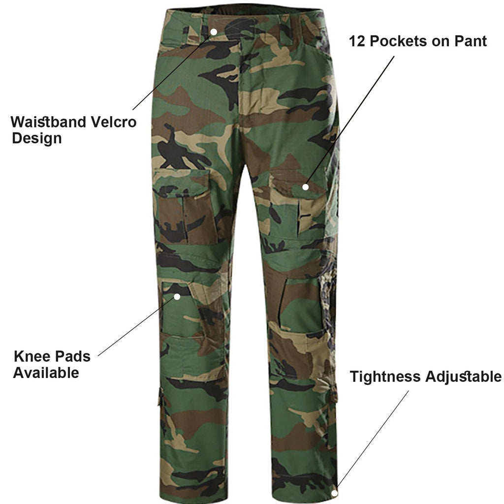 SANYETS Airsoft Suit,Combat Pants and Shirt,Cap Gloves Balaclava Set,WL Woodland Camo Uniform Men's Tactical Gear, XL