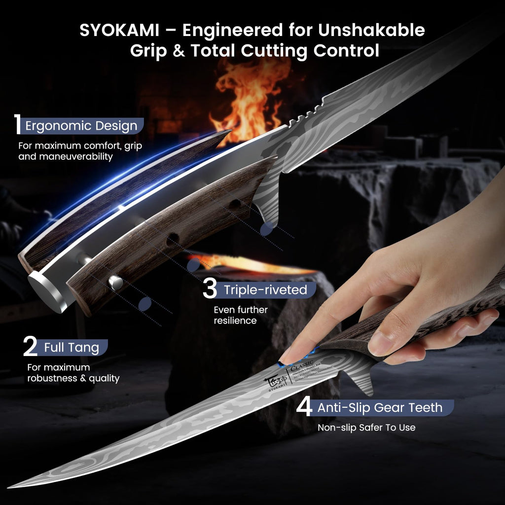 SYOKAMI Fillet Knife, 9 Inch Boning Knife with Leather Sheath, Sharp Filet Knives for Fish and Meat, Non-slip Wooden Handle, Professional Japanese Knives For Fishing and Hunting, Outdoor Kitchen Gift