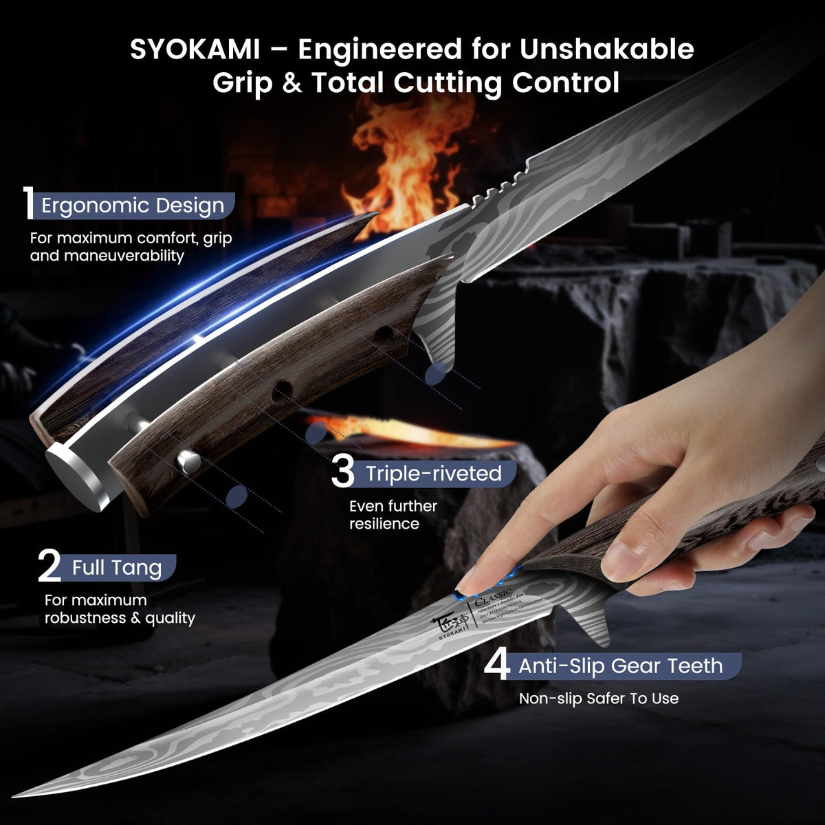 SYOKAMI Fillet Knife, 9 Inch Boning Knife with Leather Sheath, Sharp Filet Knives for Fish and Meat, Non-slip Wooden Handle, Professional Japanese Knives For Fishing and Hunting, Outdoor Kitchen Gift