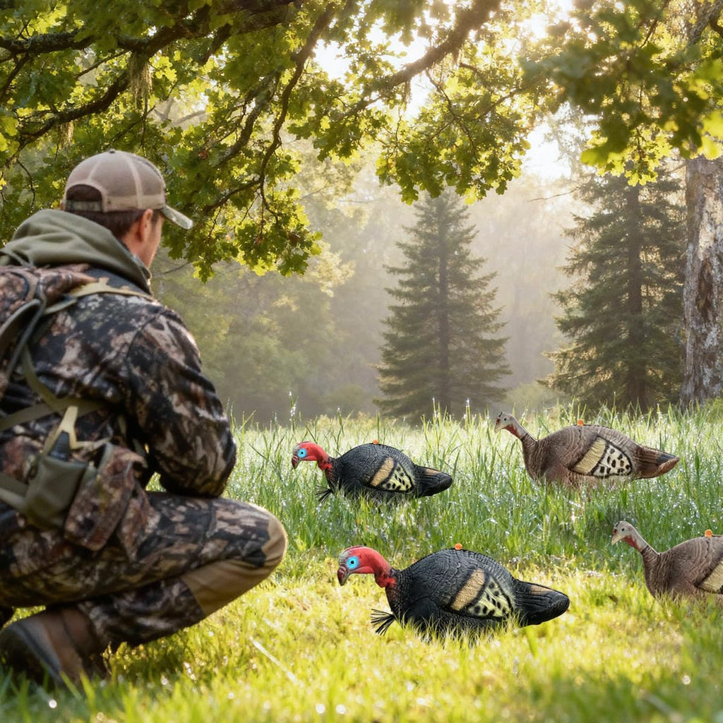 FUNHORUN Turkey Decoy for Hunting 4 Pack, Collapsible Lightweight Hunting Decoy with Stakes, Jake & Hen, Soft EVA Material