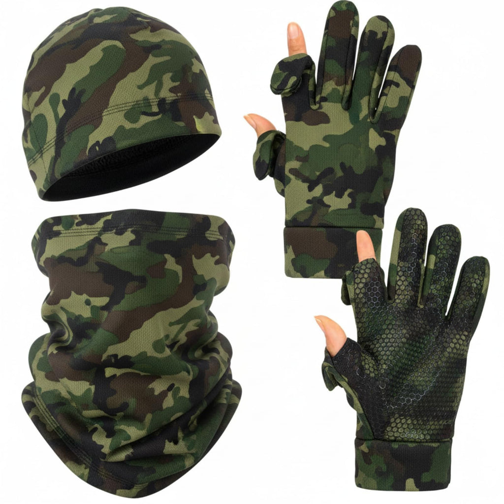 Janmercy 3 Pcs Camo Hunting Gloves Beanie and Scarf Set Anti-slip Touchscreen Gloves for Men Women Gift Cold Weather Hunting Gear Accessories