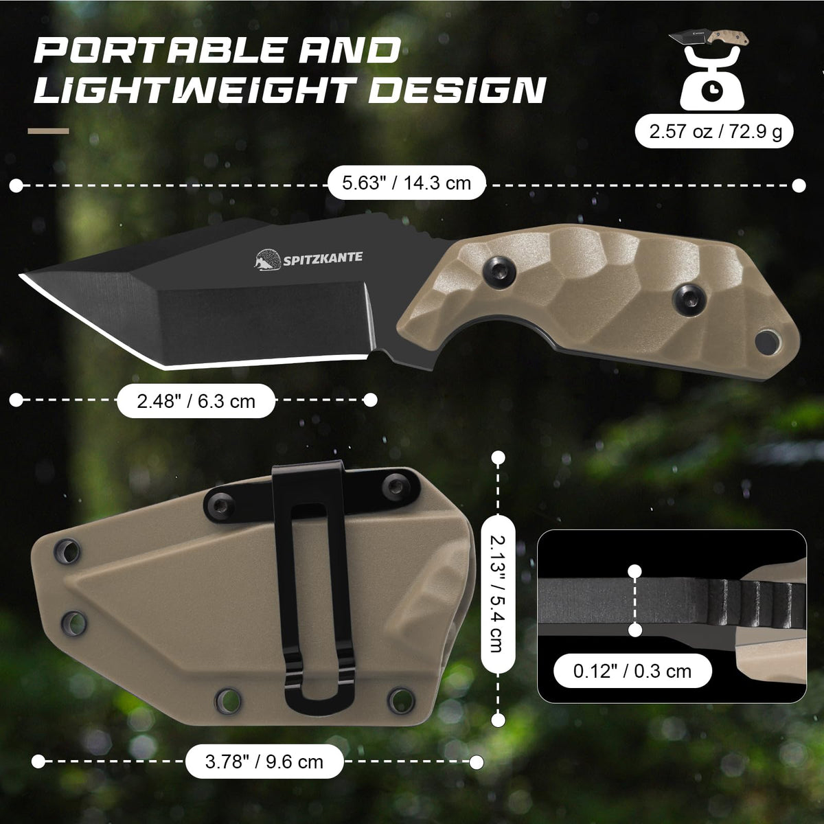 SPITZKANTE Neck Knife with Sheath and Necklace X-TAN-K, Horizontal Carry Knife with Full Tang Tanto 5Cr14MoV Steel Blade, Khaki ABS Handle, EDC, Outdoor, Camping & Hiking