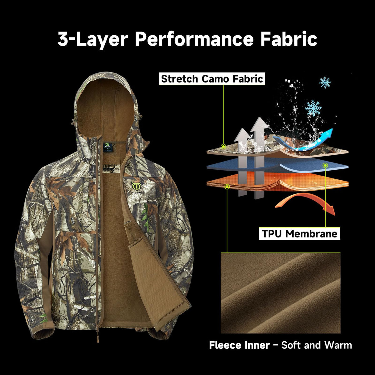 TIDEWE Hunting Clothes for Men with Fleece Lining, Safety Strap Compatible Water Resistant Silent Jacket and Pants, Hunting Suit for Climbing Hiking Trekking Camping (Next Camo G2 Size L)