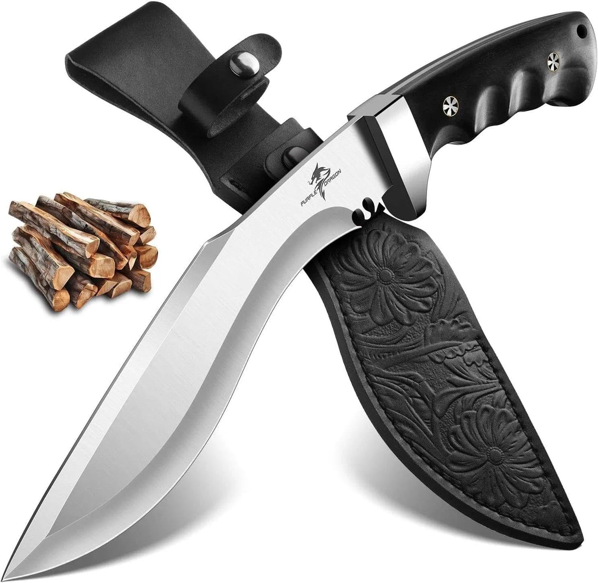 Purple Dragon Kukri Knife with Sheath - Heavy Duty Fixed Blade Knife with Full Tang Handle - Large Camping Knives - Birthday Gift for Men - Black