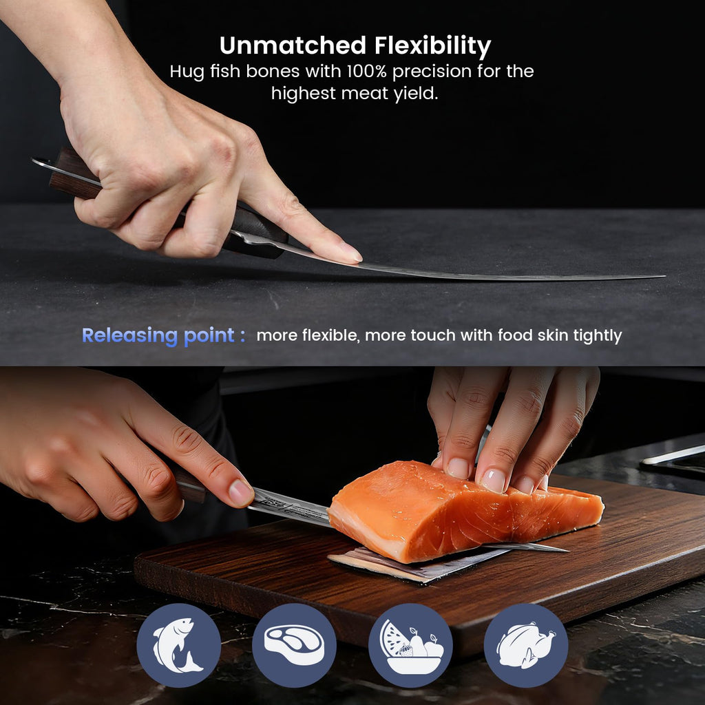 SYOKAMI Fillet Knife, 9 Inch Boning Knife with Leather Sheath, Sharp Filet Knives for Fish and Meat, Non-slip Wooden Handle, Professional Japanese Knives For Fishing and Hunting, Outdoor Kitchen Gift