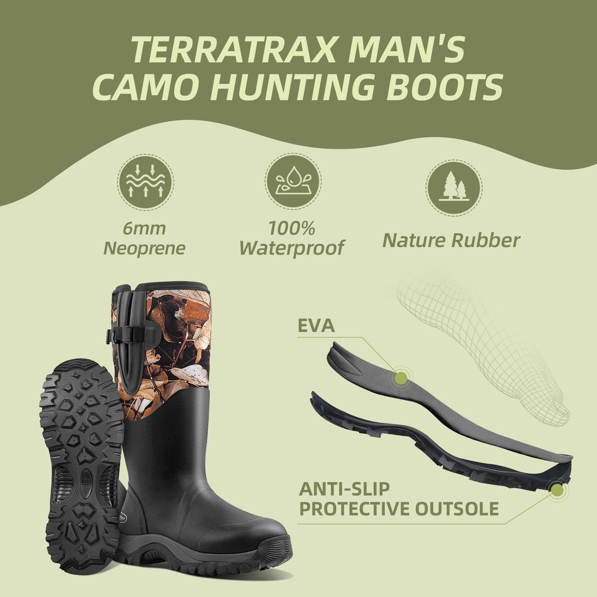Men's Waterproof Hunting Boots, Camouflage 6mm Neoprene Muck Boots for Outdoor Hunting, Fishing, Farming & Work Black size 12