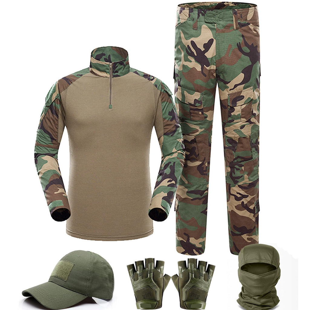 SANYETS Airsoft Suit,Combat Pants and Shirt,Cap Gloves Balaclava Set,WL Woodland Camo Uniform Men's Tactical Gear, XL