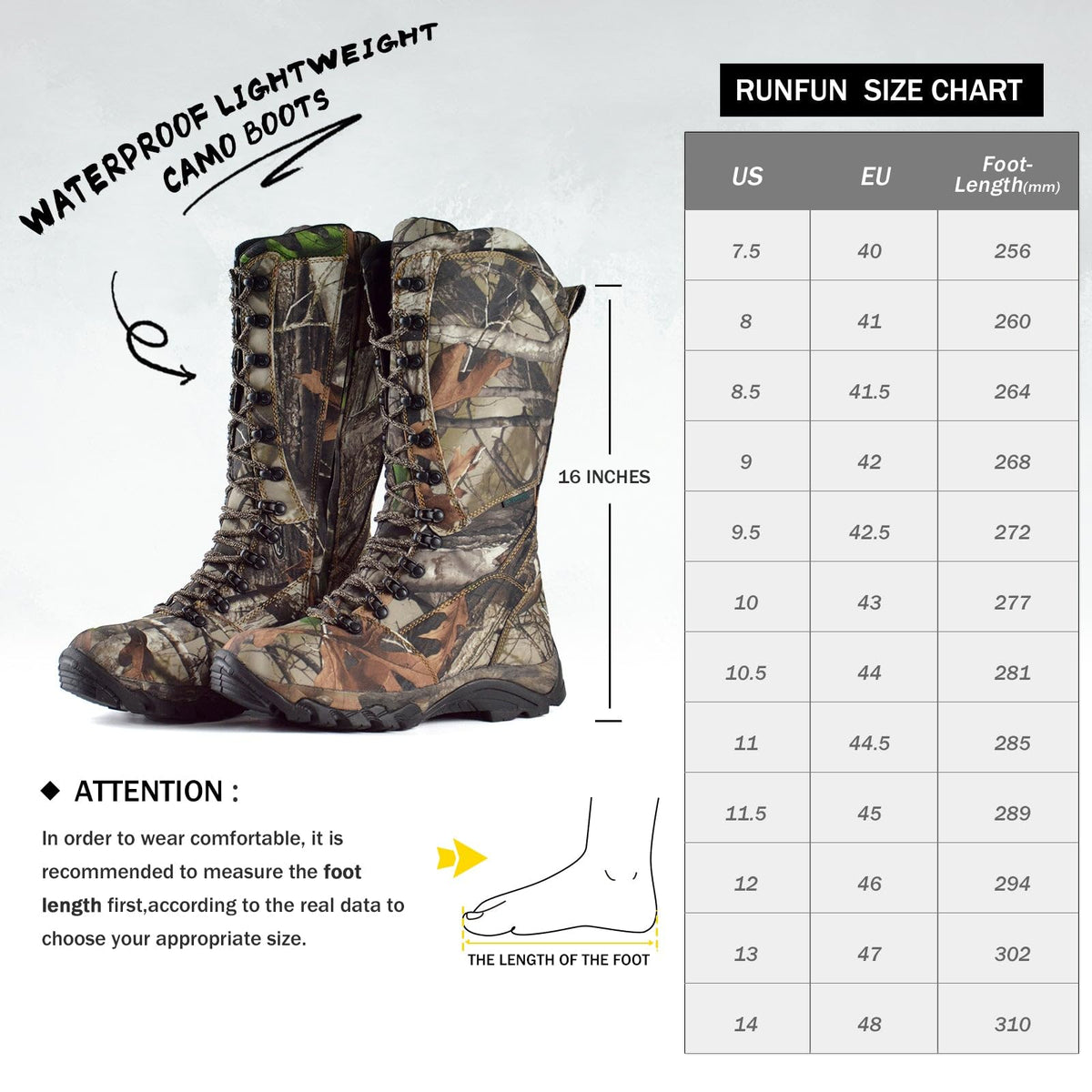 R RUNFUN Men's 16" Snakeproof Hunting Boots Waterproof Side-Zip Mud Boots with Steel Shank, Non-slip Camo Boot for Outdoor Work(RF2010-16GN, Size9)