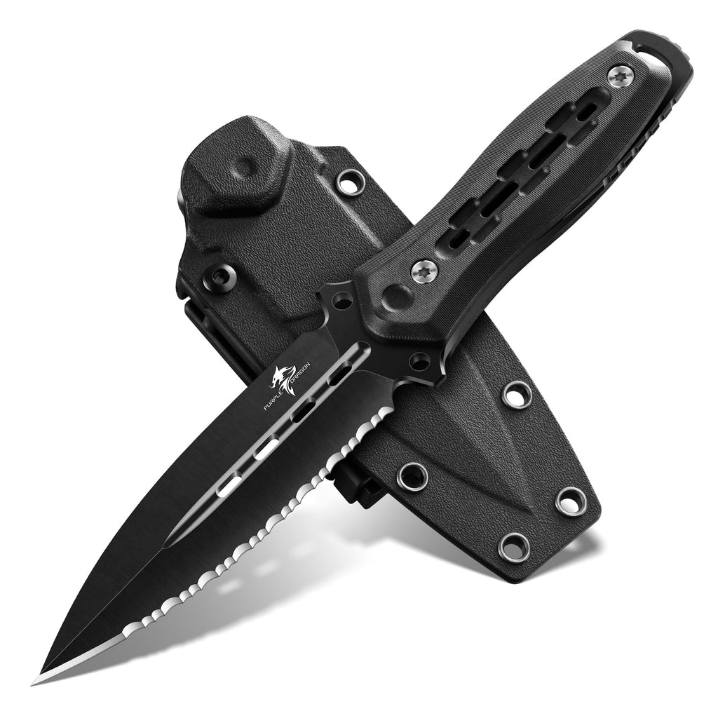 Purple Dragon Fixed Blade Knife with Kydex Sheath,440C Steel Full Tang Outdoor Utility Knife with G10 Handle for Camping, Hiking,Bushcraft & Outdoor Use-Black