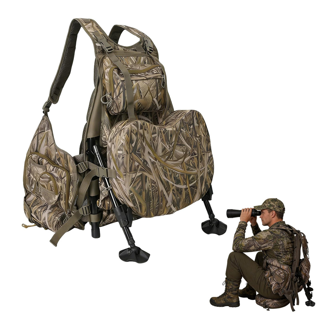 FUNHORUN Turkey Vest with Kickstand and Seat Cushion, Camo Turkey Hunting Vest with Detachable Adjustable Legs Kickstand, Game Pouch, Built-in Seat Frame, for Youth, Men, Women