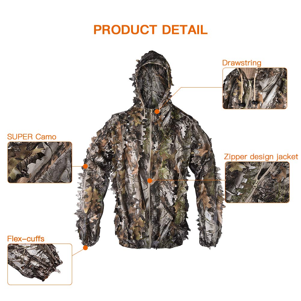 LOOGU Ghillie Suit 3D Maple Leafy Camouflage Clothing Super Lightweight Hooded Outfit for Hunting, Shooting, Wildfowl, Paintball, Wildlife Photography, Halloween or Christmas