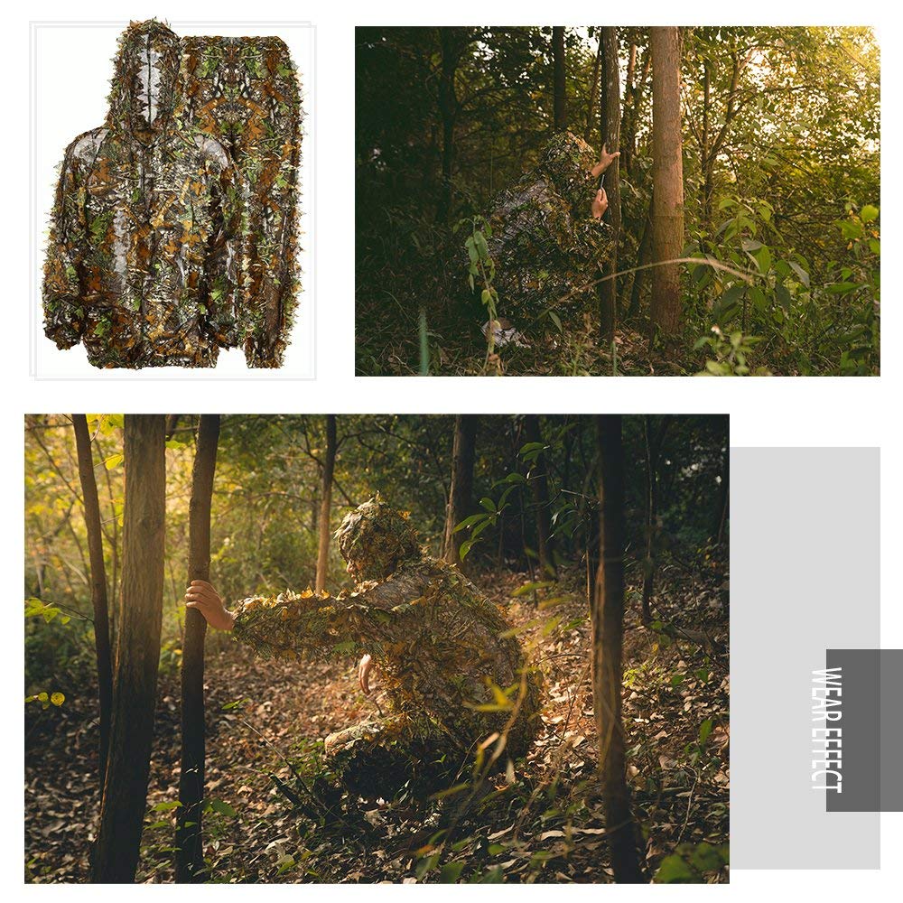 EAmber Ghillie Suit Gilly Hunting Suits Pants 3D Leaf Camo Camouflage Leafy Hat Gloves Full Face Mask Headwear Coveralls Youth Adult Lightweight Clothes