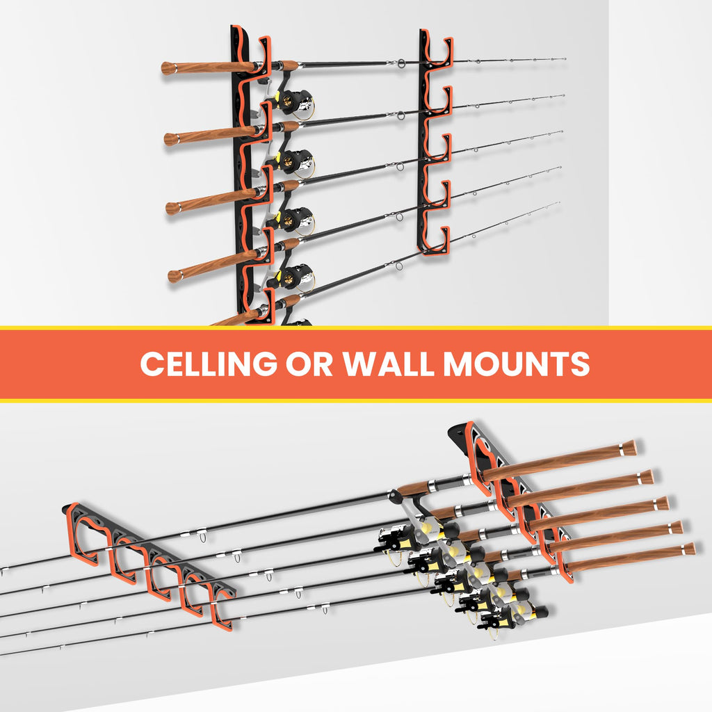 Gocozer Fishing Rod Holder for Garage, H5 Wall or Ceiling Mounted Fishing Pole Holders with Soft Protective Pad, Fishing Rod Storage Organizer, Horizontal Fishing Rod Wall Mount Nets Storage (4 PACK)