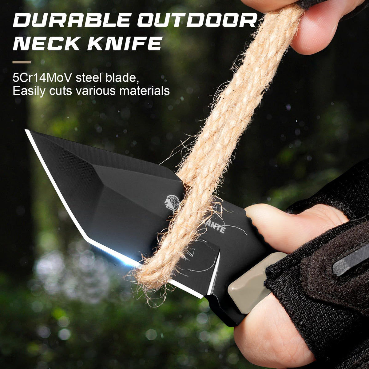 SPITZKANTE Neck Knife with Sheath and Necklace X-TAN-K, Horizontal Carry Knife with Full Tang Tanto 5Cr14MoV Steel Blade, Khaki ABS Handle, EDC, Outdoor, Camping & Hiking