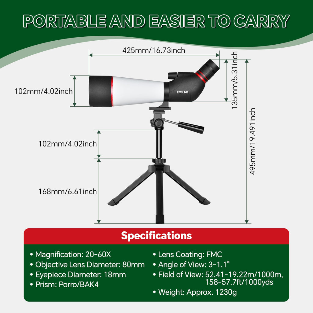 ESSLNB 20-60x80 Spotting Scopes with Tripod, BAK4 High Definition Compact Waterproof Spotter Scope with Phone Adapter and Carrying Bag for Bird Watching Wildlife Scenery