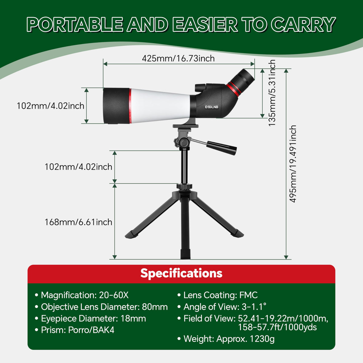 ESSLNB 20-60x80 Spotting Scopes with Tripod, BAK4 High Definition Compact Waterproof Spotter Scope with Phone Adapter and Carrying Bag for Bird Watching Wildlife Scenery