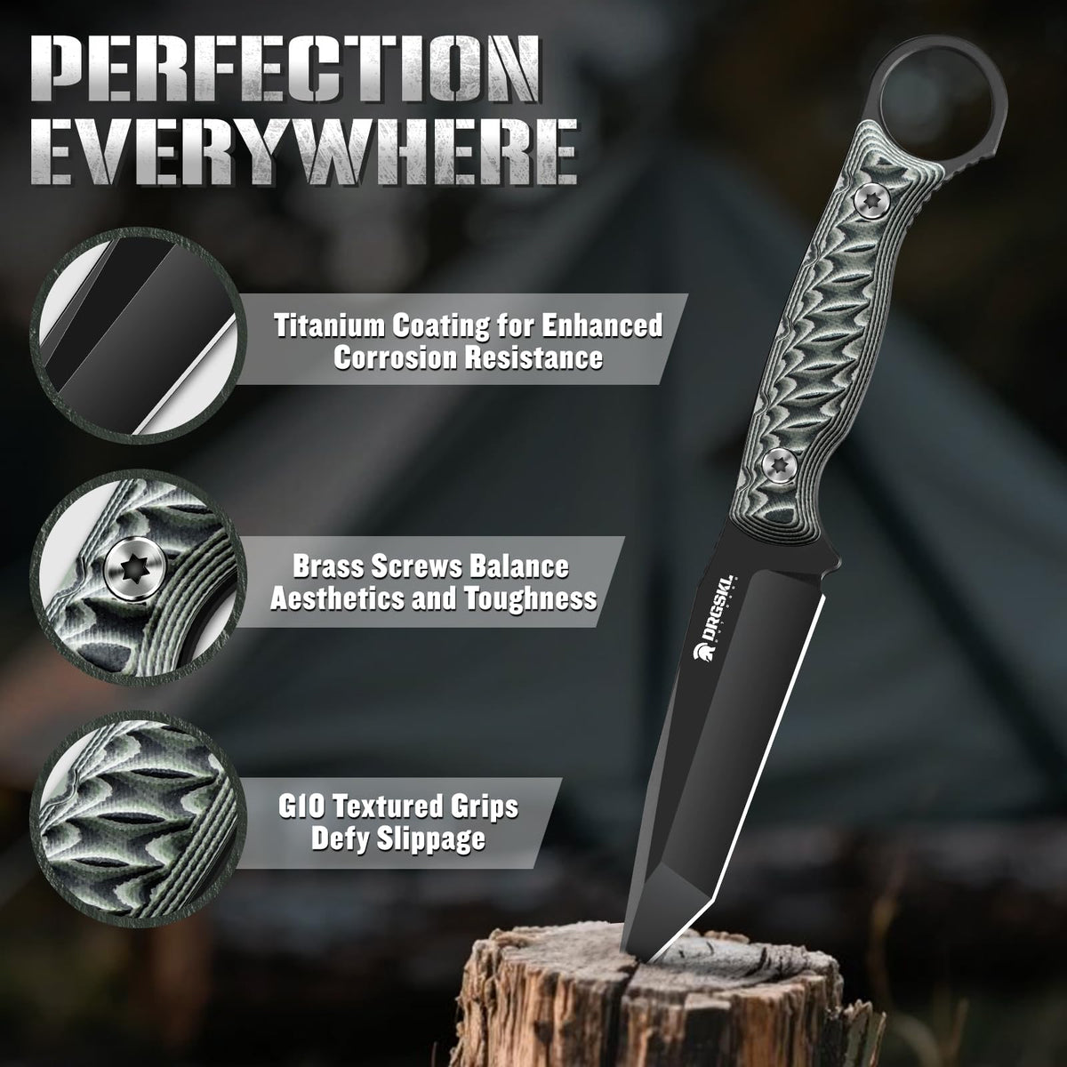 DRGSKL Tanto Fixed Blade Knife - Full Tang Survival Knife for Bushcraft - Camping Knives with Sheath - Black Knives Forged from a Single Piece of D2 Steel - Ideal Gift for Men - Green