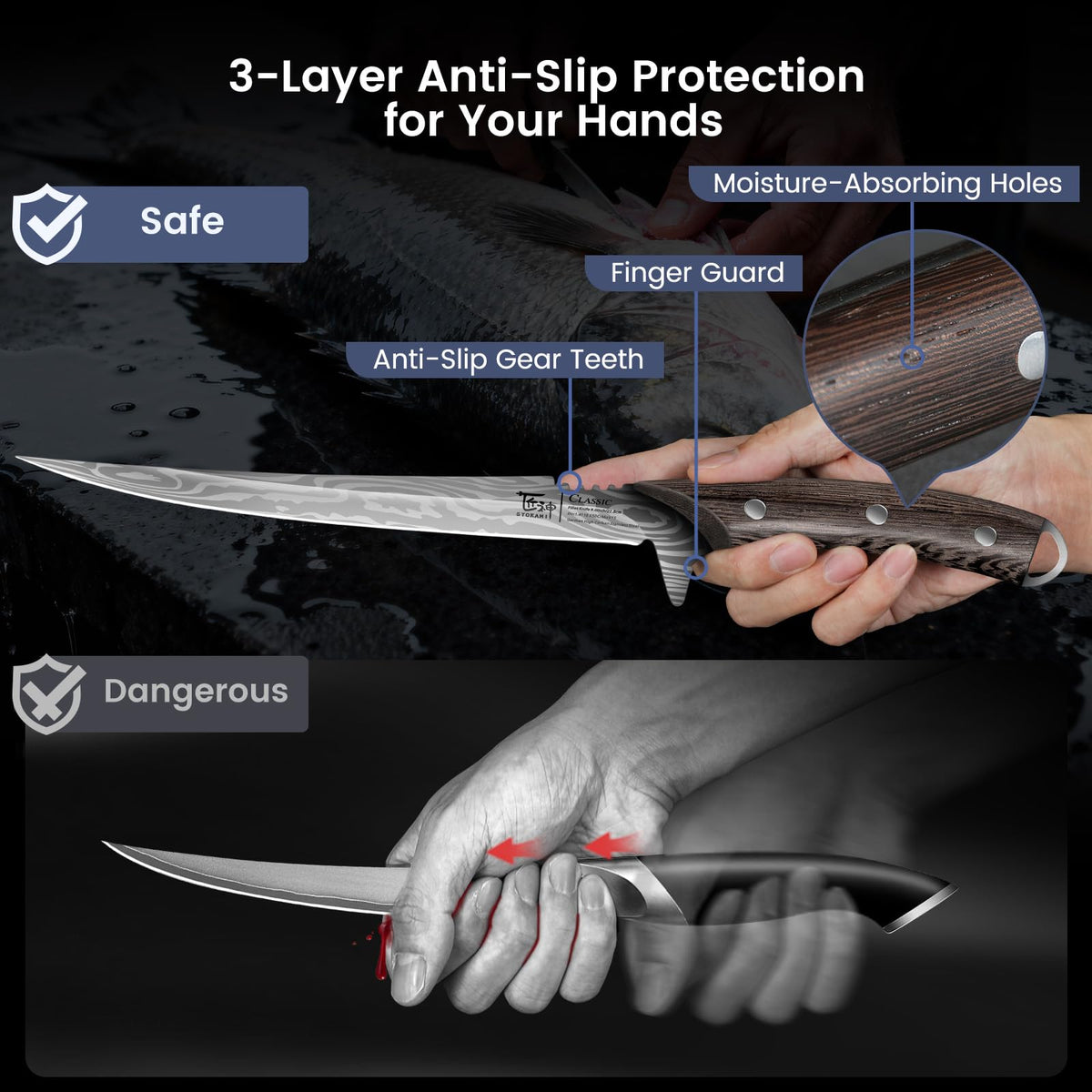 SYOKAMI Fillet Knife, 9 Inch Boning Knife with Leather Sheath, Sharp Filet Knives for Fish and Meat, Non-slip Wooden Handle, Professional Japanese Knives For Fishing and Hunting, Outdoor Kitchen Gift