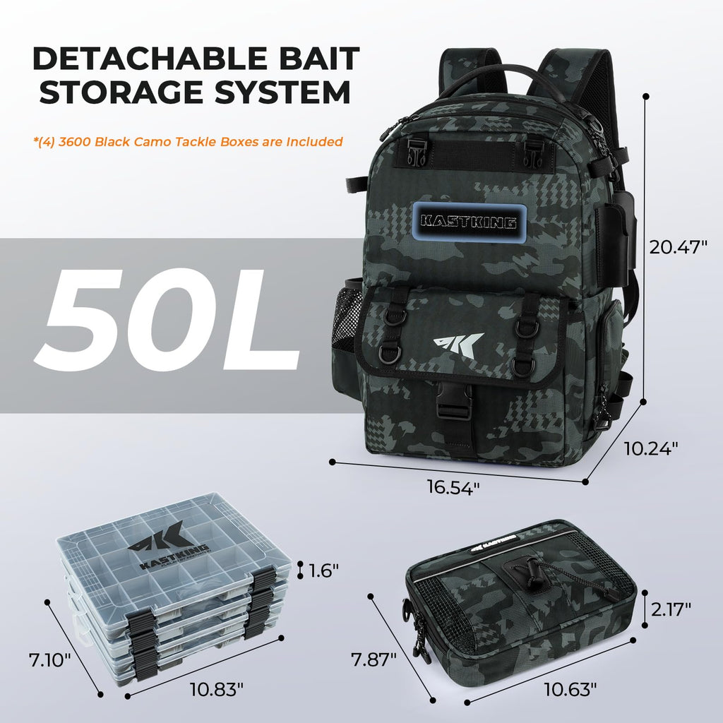 KastKing BaitSpace 50L Fishing Tackle Backpack with Removable Bait Binder & 4 Tackle Boxes,2 Rod Holders Storage Fishing Gear and Equipment,Black Camo