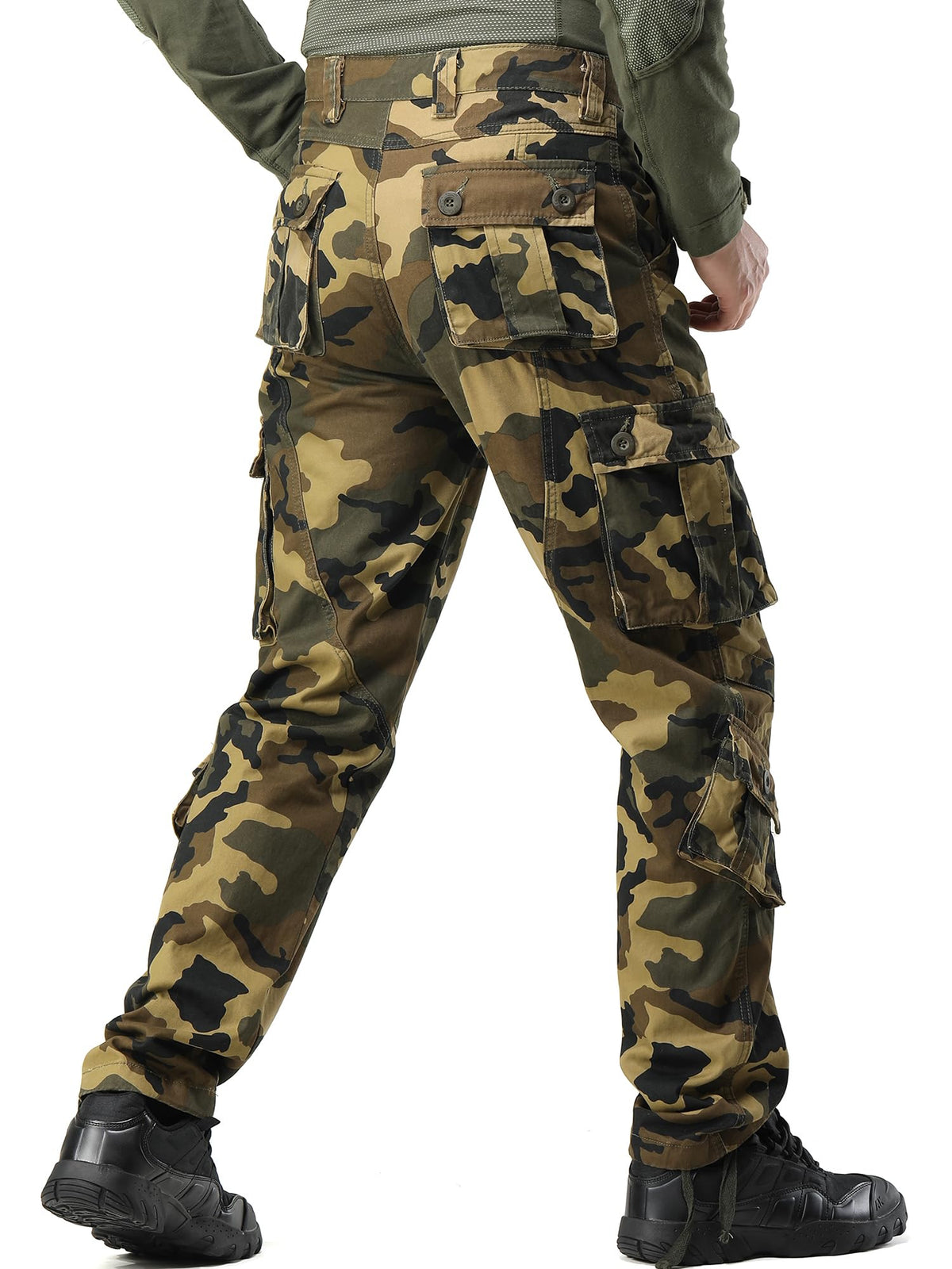 AKHIKING Men's Camo Cargo Work Pants Cotton Tactical Ripstop Casual Combat Pants with 8 Pockets Caoyuan 36x32