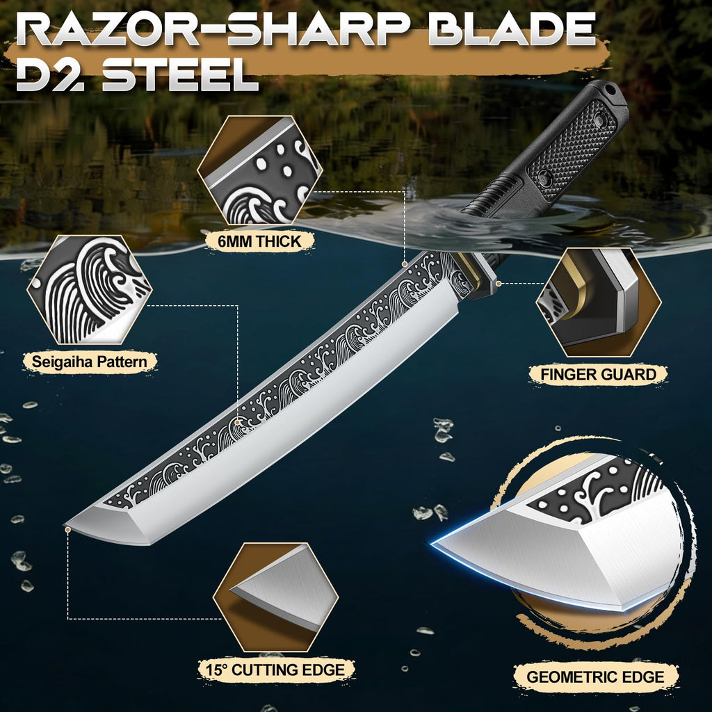 Purple Dragon Tanto Knife with Sheath - Japanese Fixed Blade Knife Forged from a Single Piece of D2 Steel - Survival Knives with G10 Handle - Outdoor Gifts for Men