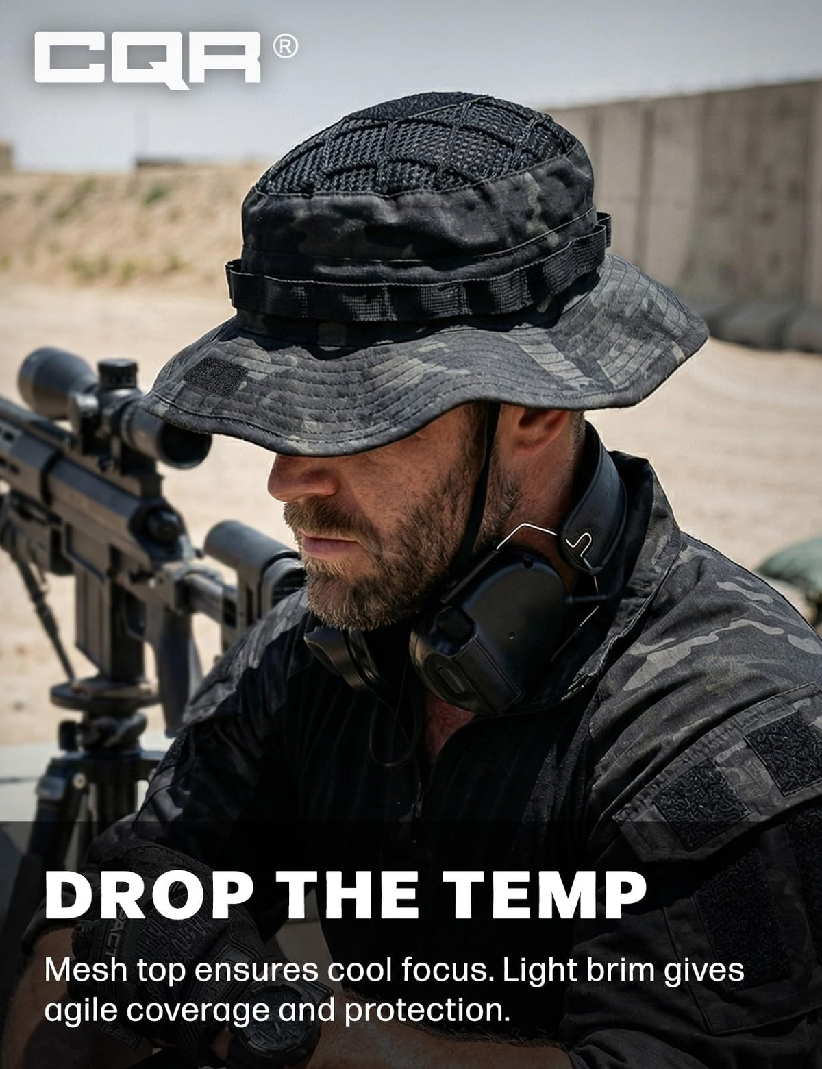 CQR Men's Tactical Boonie Hat, Breathable Packable Sun Hat for Hunting, Hiking, Fishing, Shooting, and Outdoor Activities, Sentinel Utility Camo Black, Small-Medium