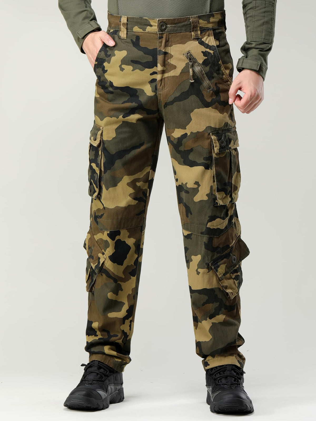 AKHIKING Men's Camo Cargo Work Pants Cotton Tactical Ripstop Casual Combat Pants with 8 Pockets Caoyuan 36x32