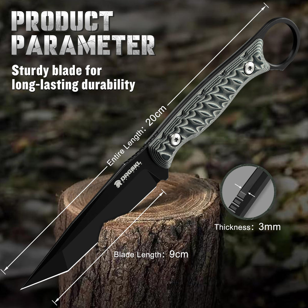 DRGSKL Tanto Fixed Blade Knife - Full Tang Survival Knife for Bushcraft - Camping Knives with Sheath - Black Knives Forged from a Single Piece of D2 Steel - Ideal Gift for Men - Green