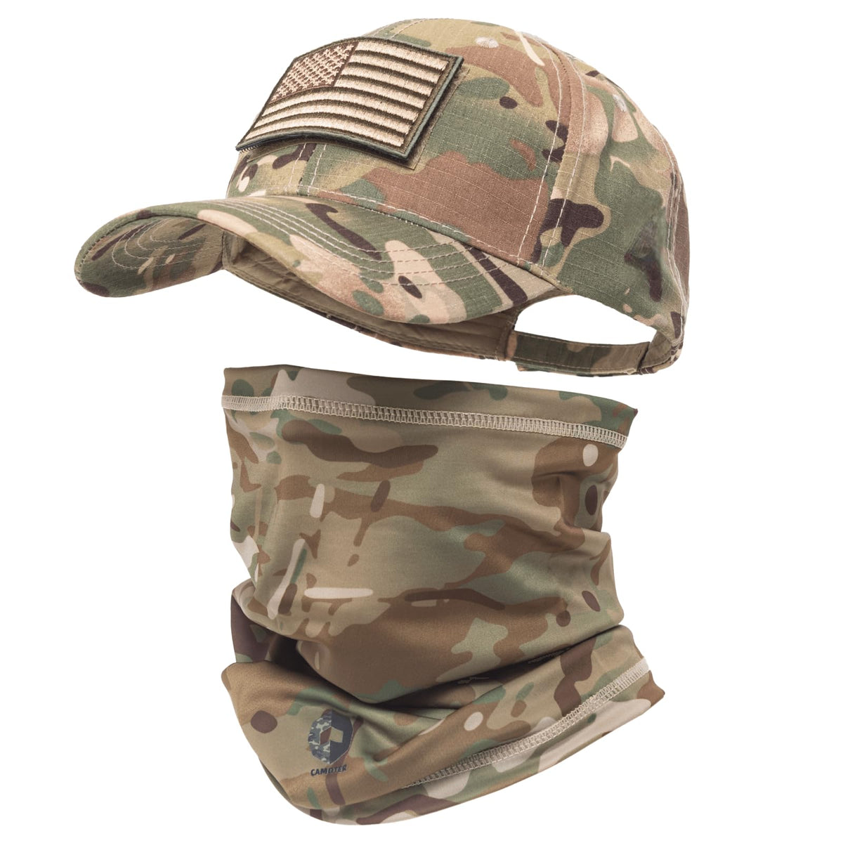 CAMOTER Camo Hat Baseball Cap Camo Face Mask Neck Gaiter with American Flag Patch for Men/Women Outdoors Tactical Military (US, Alpha, One Size, Camo CP All)