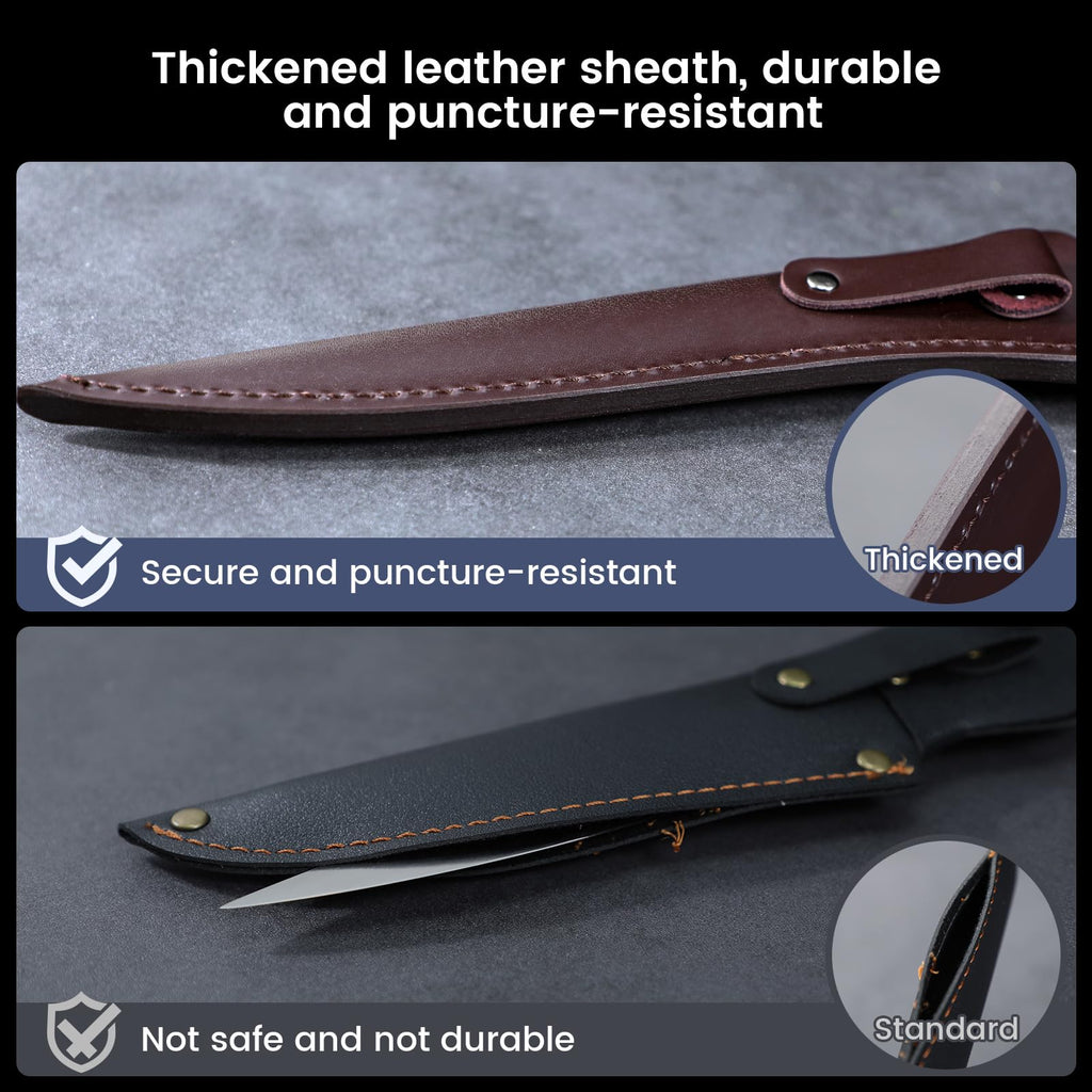 SYOKAMI Fillet Knife, 9 Inch Boning Knife with Leather Sheath, Sharp Filet Knives for Fish and Meat, Non-slip Wooden Handle, Professional Japanese Knives For Fishing and Hunting, Outdoor Kitchen Gift