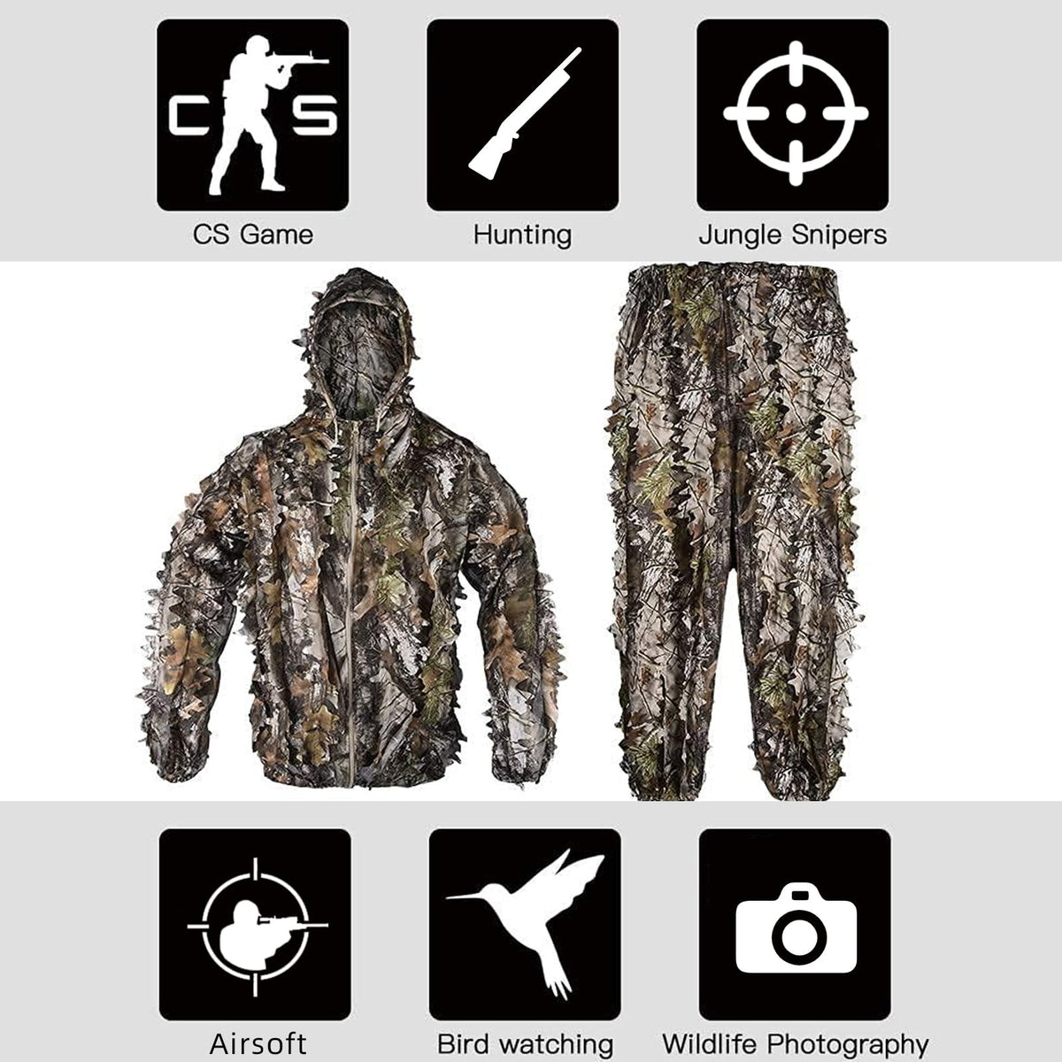 LOOGU Ghillie Suit 3D Maple Leafy Camouflage Clothing Super Lightweight Hooded Outfit for Hunting, Shooting, Wildfowl, Paintball, Wildlife Photography, Halloween or Christmas