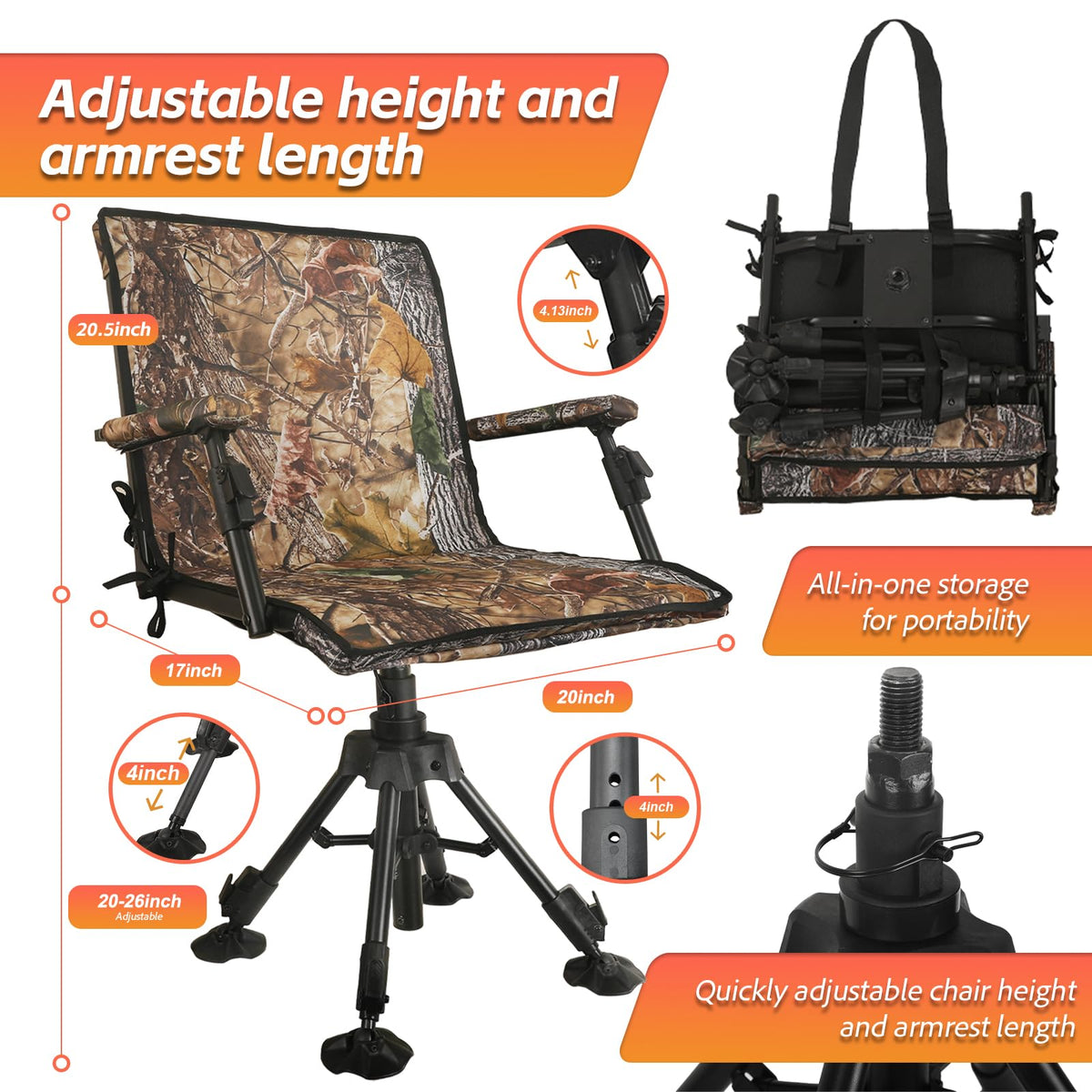 FUNHORUN Hunting Chair with Removable Camouflage Cover, 360 Degree Silent Swivel Hunting Seat with Adjustable 4 Legs Height and Armrests, Tool-Free Foldable Ground Blind Chair, Portable Seat