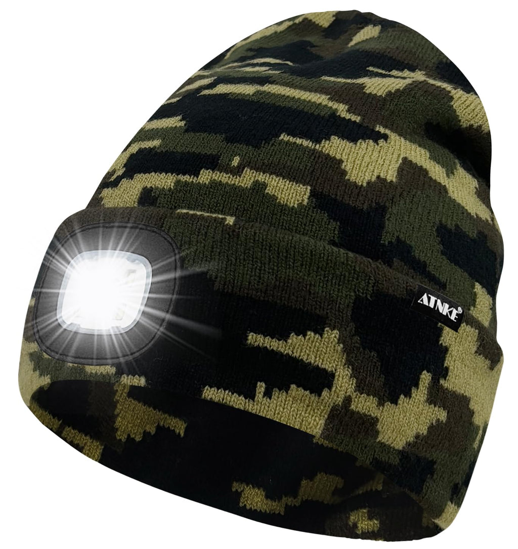 ATNKE LED Lighted Beanie Hat,USB Rechargeable 4 LED Running Headlamp Bright Cap with The Light Gifts for Men and Women/#Camouflage Green