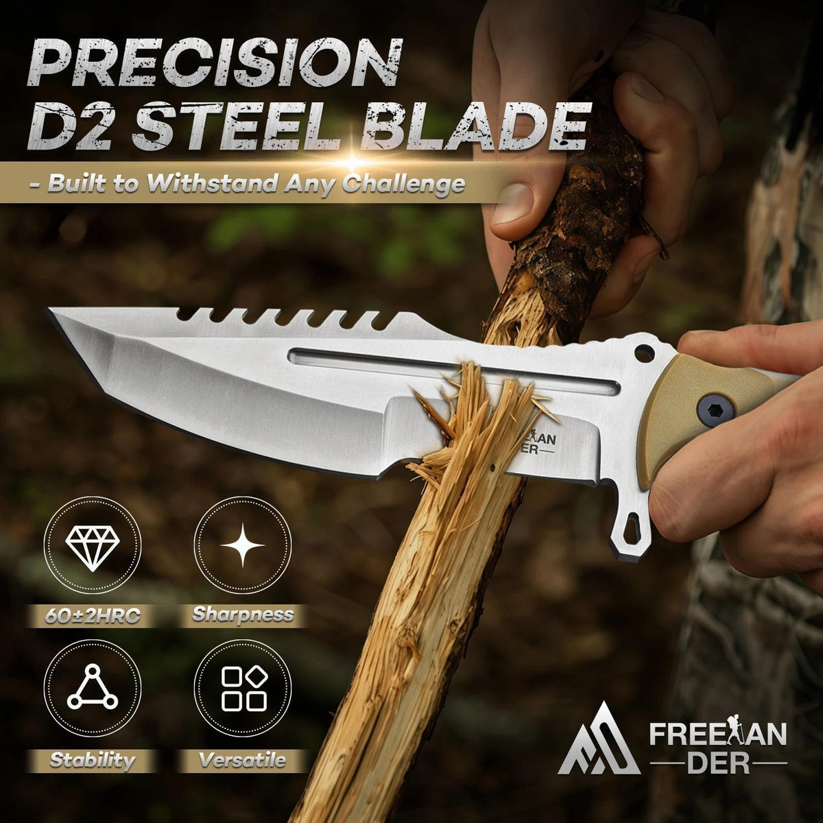 Freelander Fixed Blade Knife with Sheath, Full Tang D2 Steel Survival Knife, Camping Bushcraft Knives with Ergonomic Handle, Outdoor Knives for Men