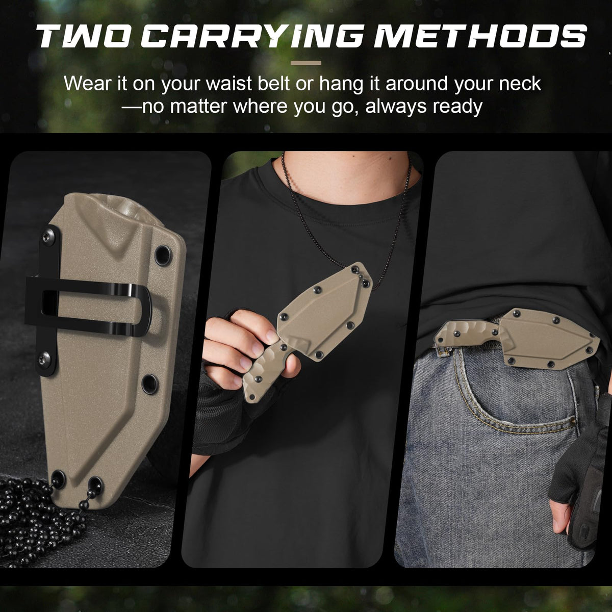 SPITZKANTE Neck Knife with Sheath and Necklace X-TAN-K, Horizontal Carry Knife with Full Tang Tanto 5Cr14MoV Steel Blade, Khaki ABS Handle, EDC, Outdoor, Camping & Hiking