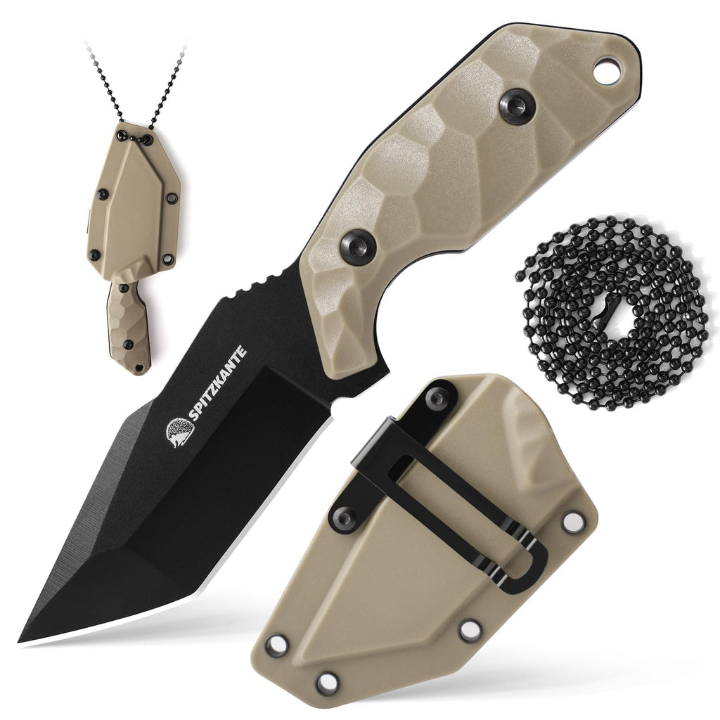 SPITZKANTE Neck Knife with Sheath and Necklace X-TAN-K, Horizontal Carry Knife with Full Tang Tanto 5Cr14MoV Steel Blade, Khaki ABS Handle, EDC, Outdoor, Camping & Hiking