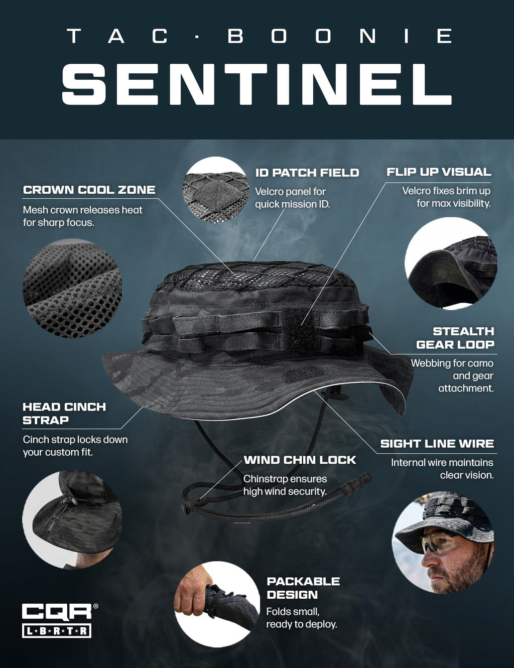 CQR Men's Tactical Boonie Hat, Breathable Packable Sun Hat for Hunting, Hiking, Fishing, Shooting, and Outdoor Activities, Sentinel Utility Camo Black, Small-Medium