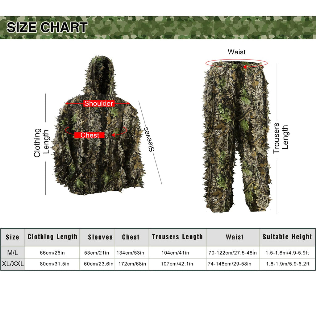 Zicac Outdoor Camo Ghillie Suit 3D Leafy Camouflage Clothing Jungle Woodland Hunting (Dark Green, Height 4.9-5.9 ft)
