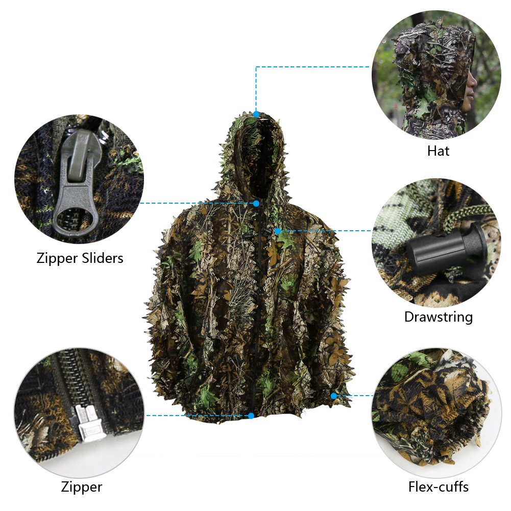 Zicac Outdoor Camo Ghillie Suit 3D Leafy Camouflage Clothing Jungle Woodland Hunting (Dark Green, Height 4.9-5.9 ft)