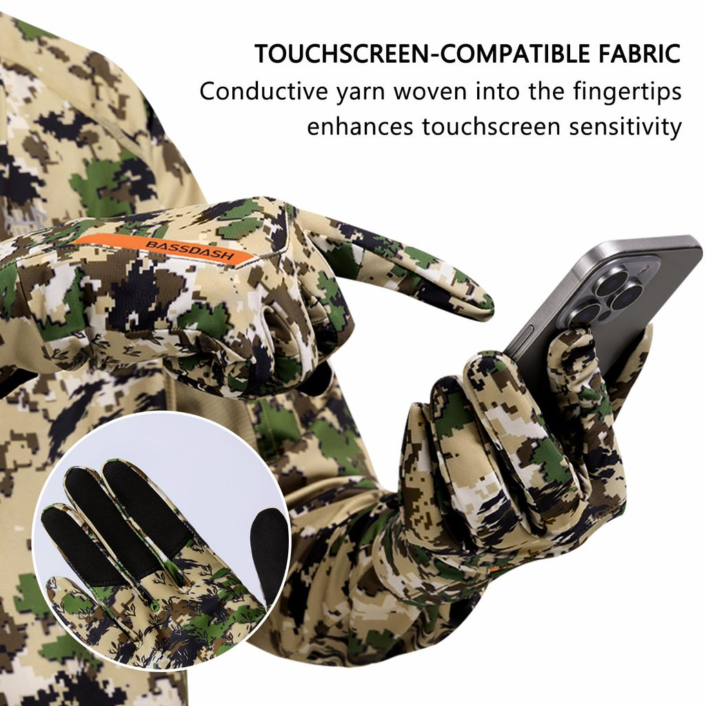 BASSDASH Camo Hunting Gloves Touchscreen Lightweight Glove for Warm Weather Turkey Fishing Outdoor Activities HG08