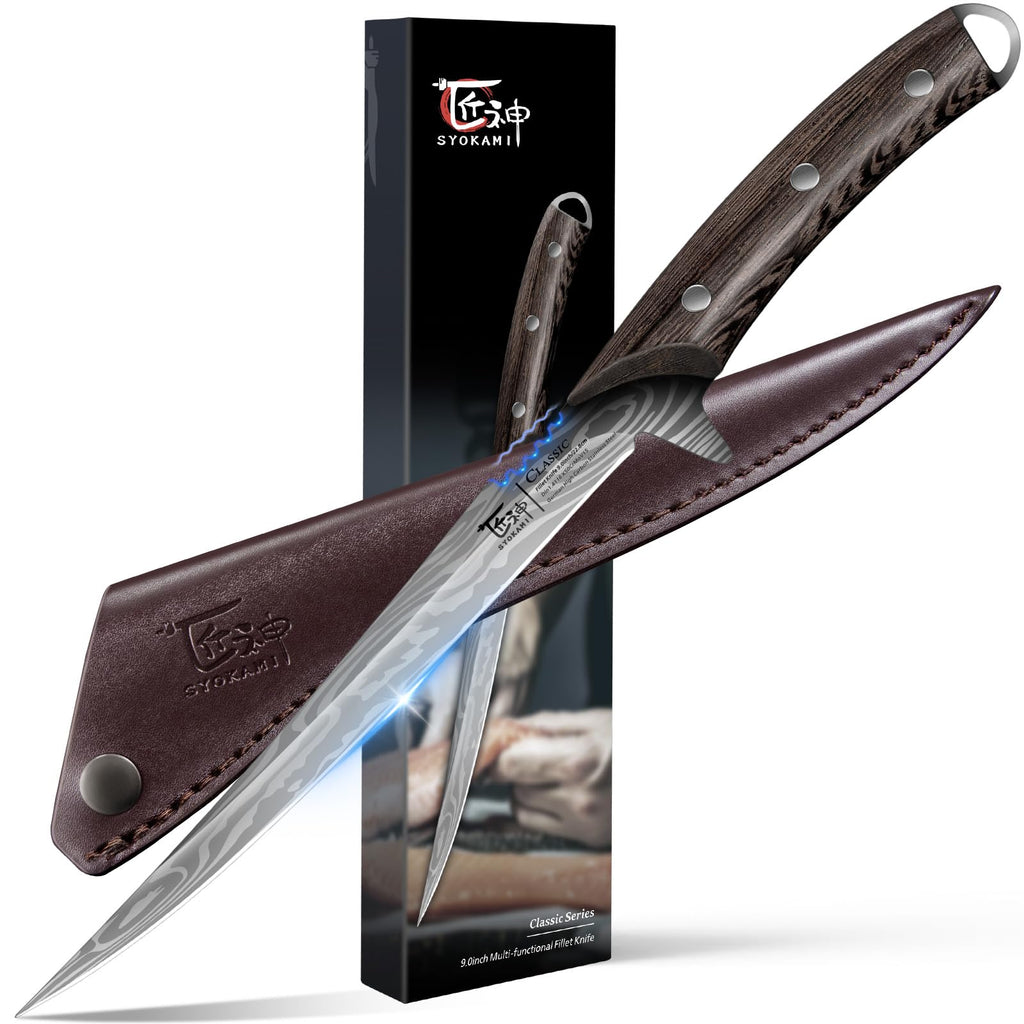 SYOKAMI Fillet Knife, 9 Inch Boning Knife with Leather Sheath, Sharp Filet Knives for Fish and Meat, Non-slip Wooden Handle, Professional Japanese Knives For Fishing and Hunting, Outdoor Kitchen Gift