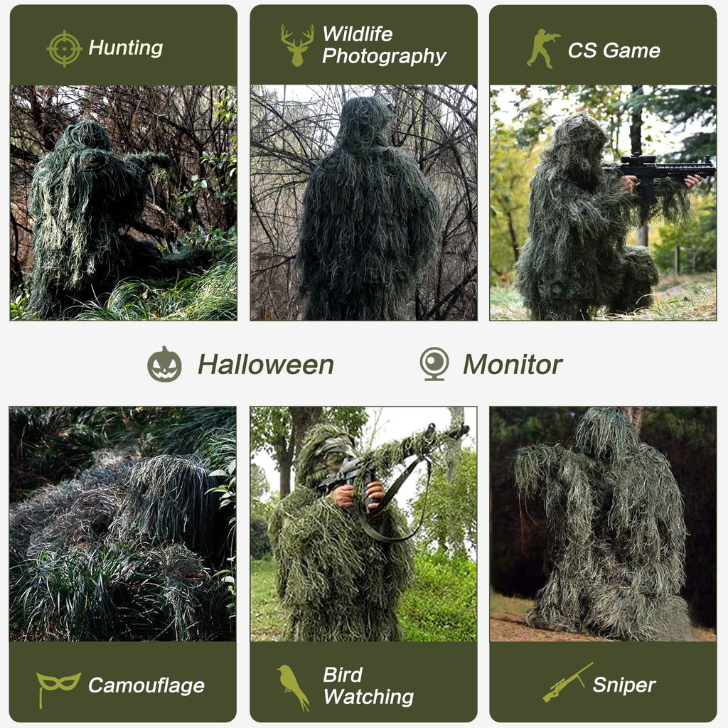 MOPHOTO 5 in 1 Ghillie Suit 3D Camouflage Hunting Suits - Jacket, Pants, Hood, Carry Bag for Youth & Adults M/L/XL/XXL