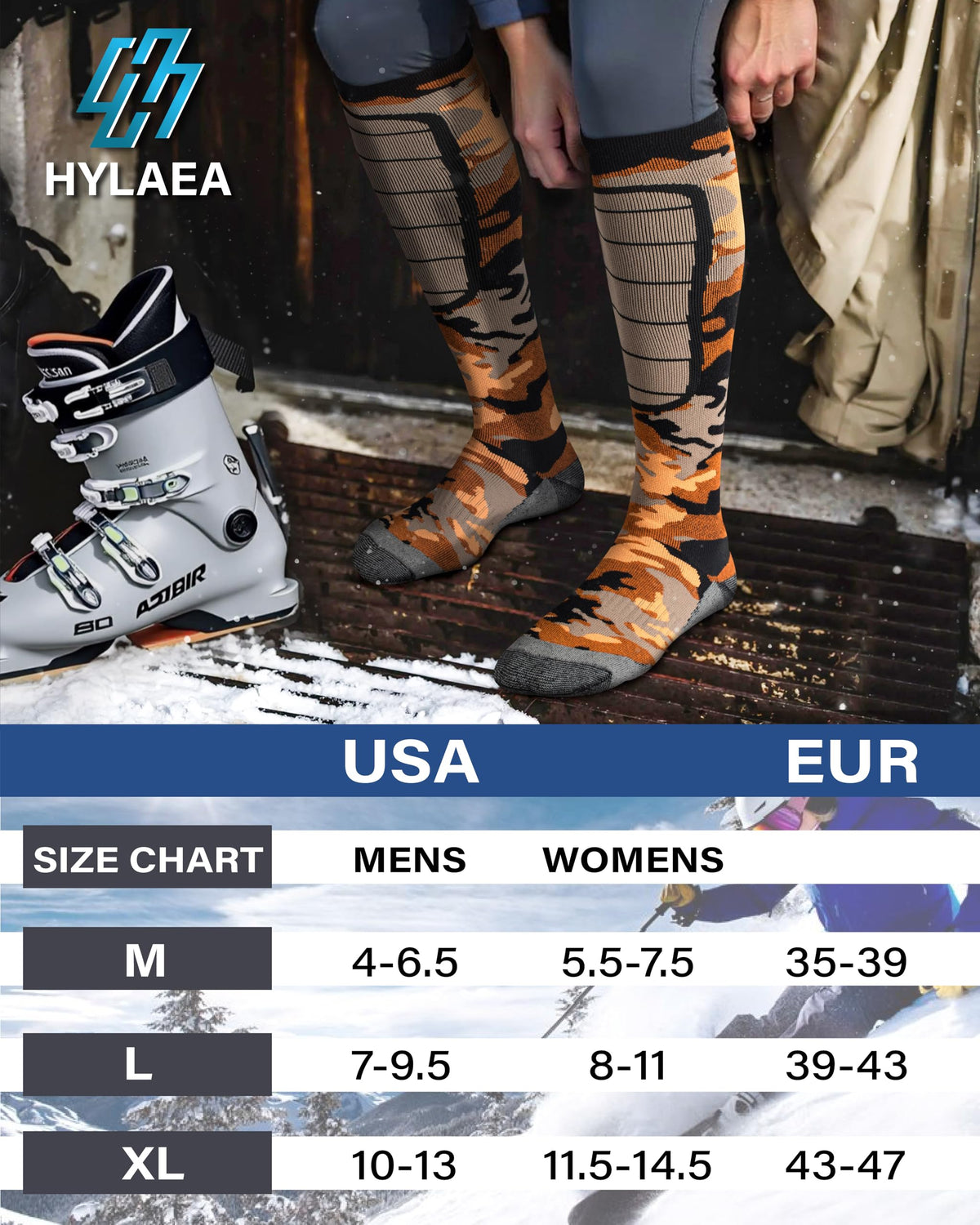 Hylaea Merino Wool Ski Socks - Cold Weather Thermal Knee-high Warm Socks for Snowboarding, Snow, Winter, Hunting, Outdoor Sports, Camo Large