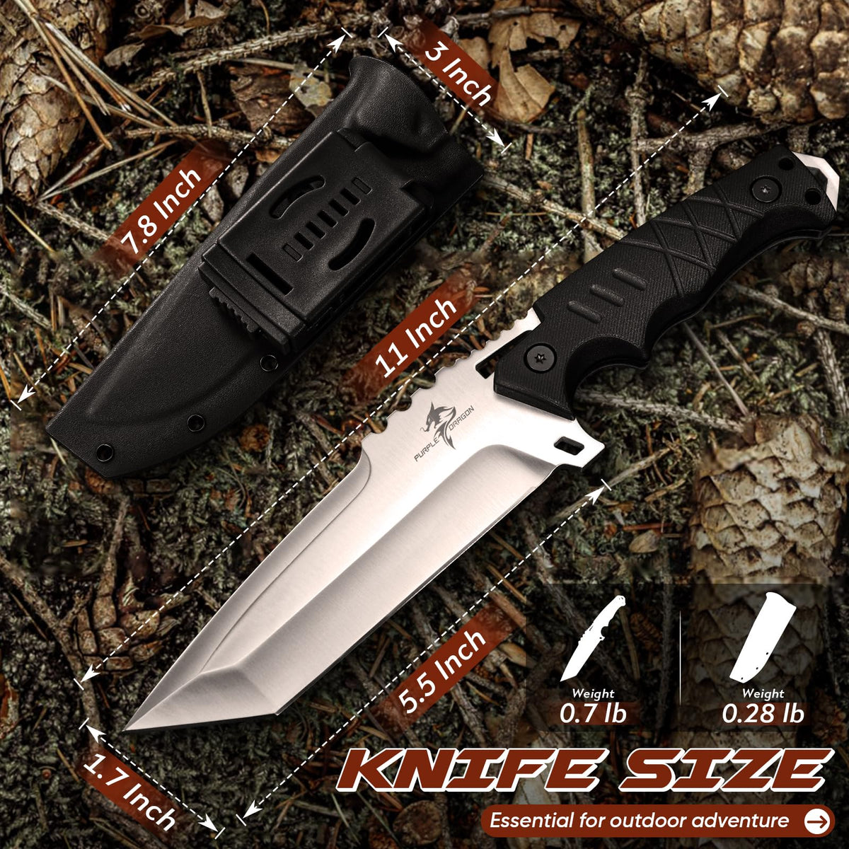 Purple Dragon Fixed Blade Knife with Kydex Sheath - D2 Steel Survival Knives for Camping, Bushcraft - Ergonomic G10 Handle Outdoor Survival Gear Christmas Gift for Men and Women