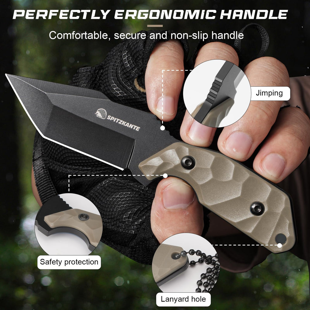 SPITZKANTE Neck Knife with Sheath and Necklace X-TAN-K, Horizontal Carry Knife with Full Tang Tanto 5Cr14MoV Steel Blade, Khaki ABS Handle, EDC, Outdoor, Camping & Hiking